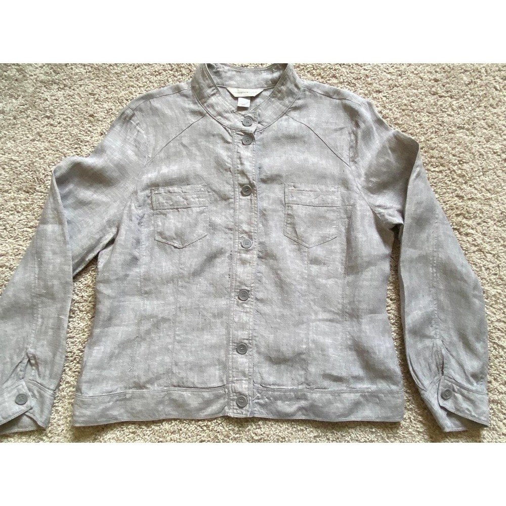 Linen Shirt Jacket Women Large Gray Button Up Christopher & Banks Coastal sku7